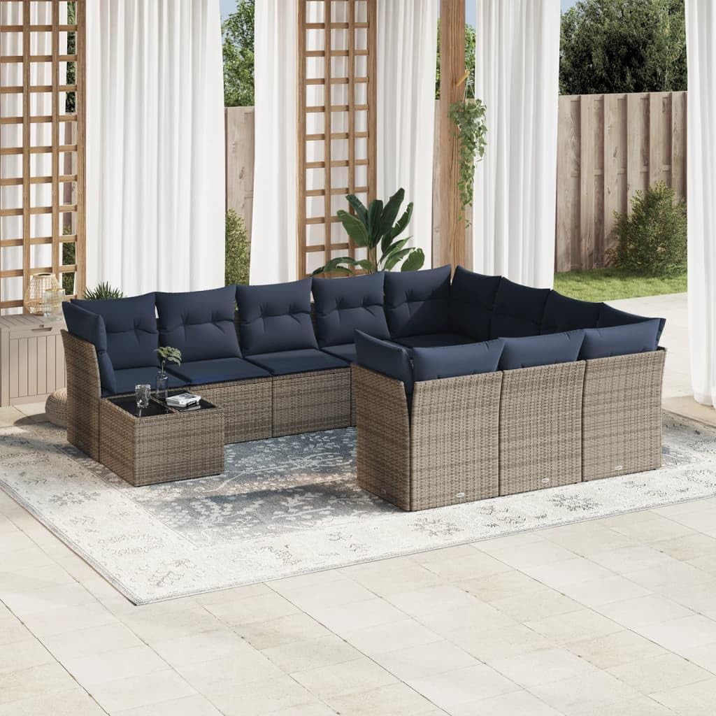 11 Piece Patio Sofa Set, Gray Poly Rattan Outdoor Furniture with Cushions, Tempered Glass Tabletop, Modular Design for Garden, Backyard, Terrace