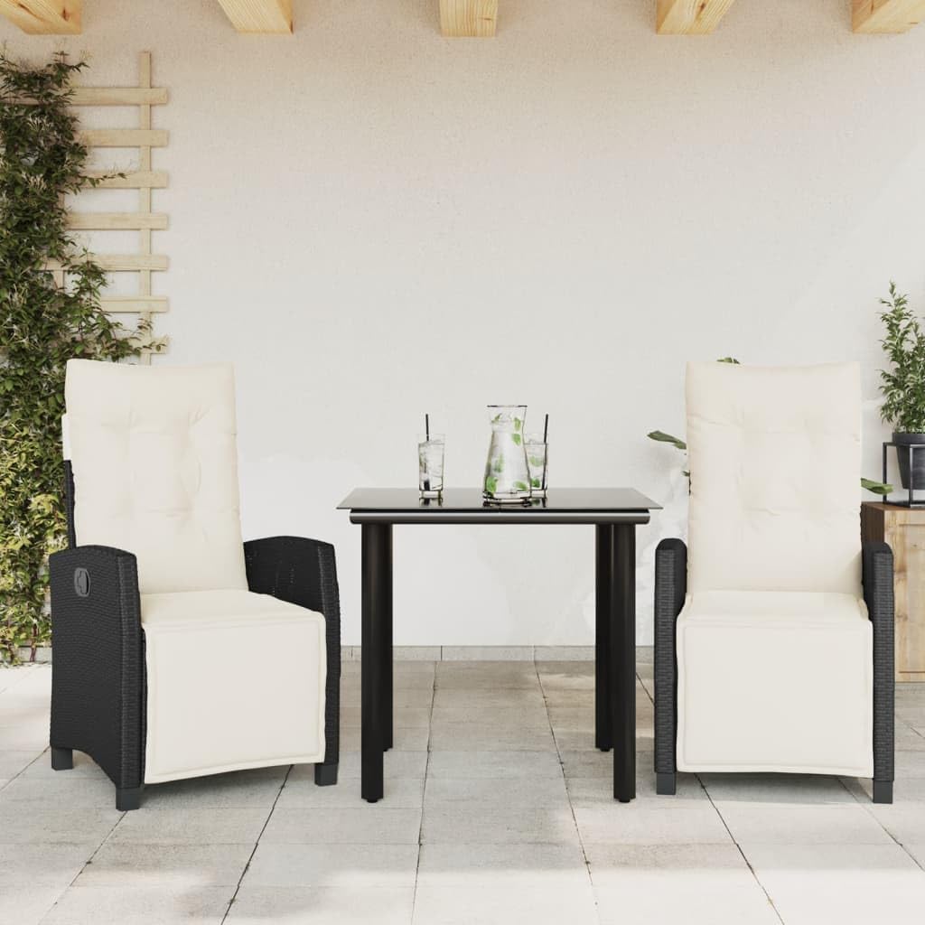 3 Piece Patio Dining Set with Cushions Black Poly Rattan,Adjustable Outdoor Dining Set with Glass Tabletop, PE Rattan Lounge Chairs, and Padded Cushion Furniture Sets for Patio, Lawn & Garden