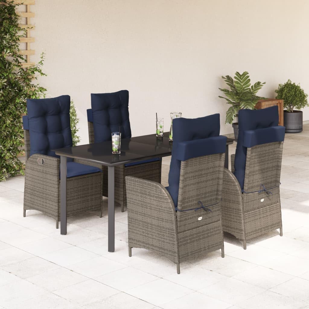 5 Piece Patio Dining Set with Cushions Gray Poly Rattan Garden Furniture