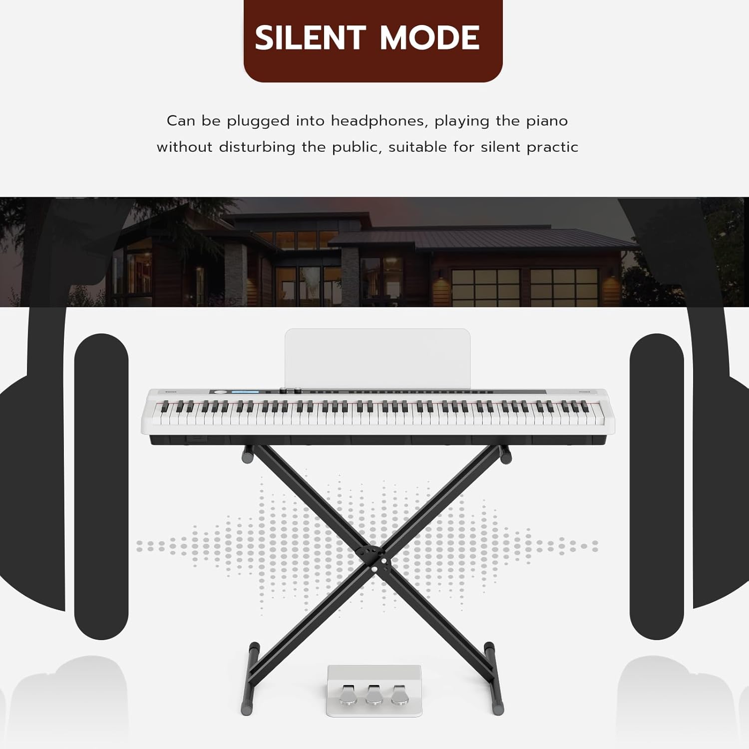 UMOMO UM-724 88 Key Digital Piano Keyboard with Piano X Stand, Full Size Electric Piano with Headphone, 3 Pedal, Electronic Piano for Beginner, Adults, White