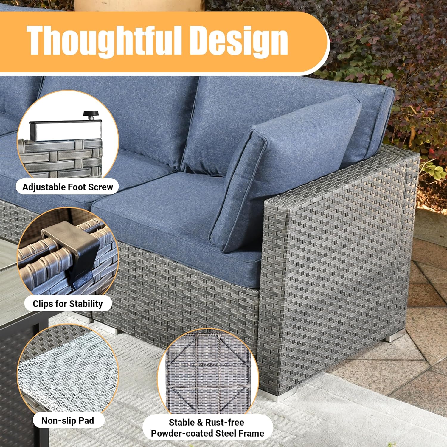 Weaxty 8 piece outdoor patio furniture set，Wicker Outdoor sectional Furniture with 42-inch Fire pit Table, Rocking Swivel Chairs, Coffee Table for Garden, Patio(Denim Blue)