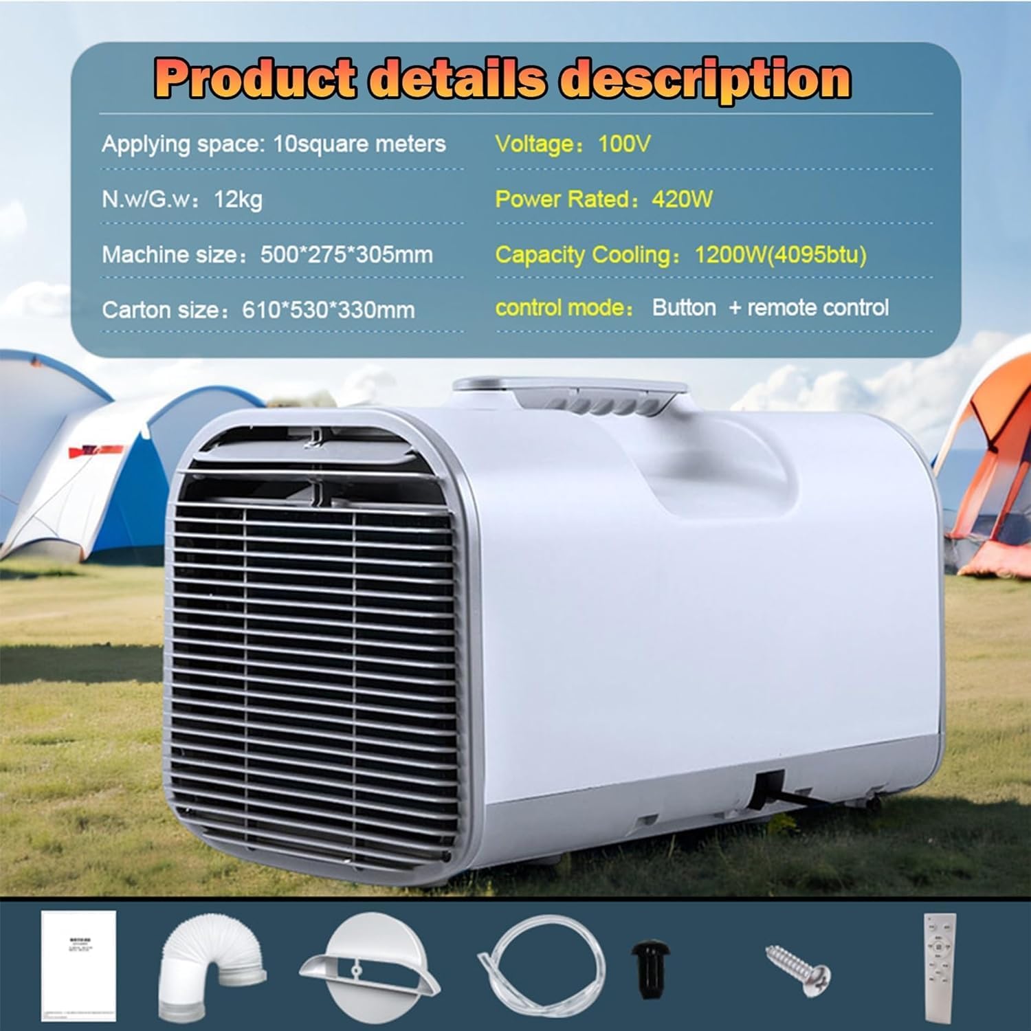 Portable Air Conditioner, Camping Tent Fast Cooling Air Conditioner, Dehumidifier Sleep 24H Time Modes, 3 Wind Speeds LCD Display, for Camping Tent, RV, Car, Truck, Van and Fishing