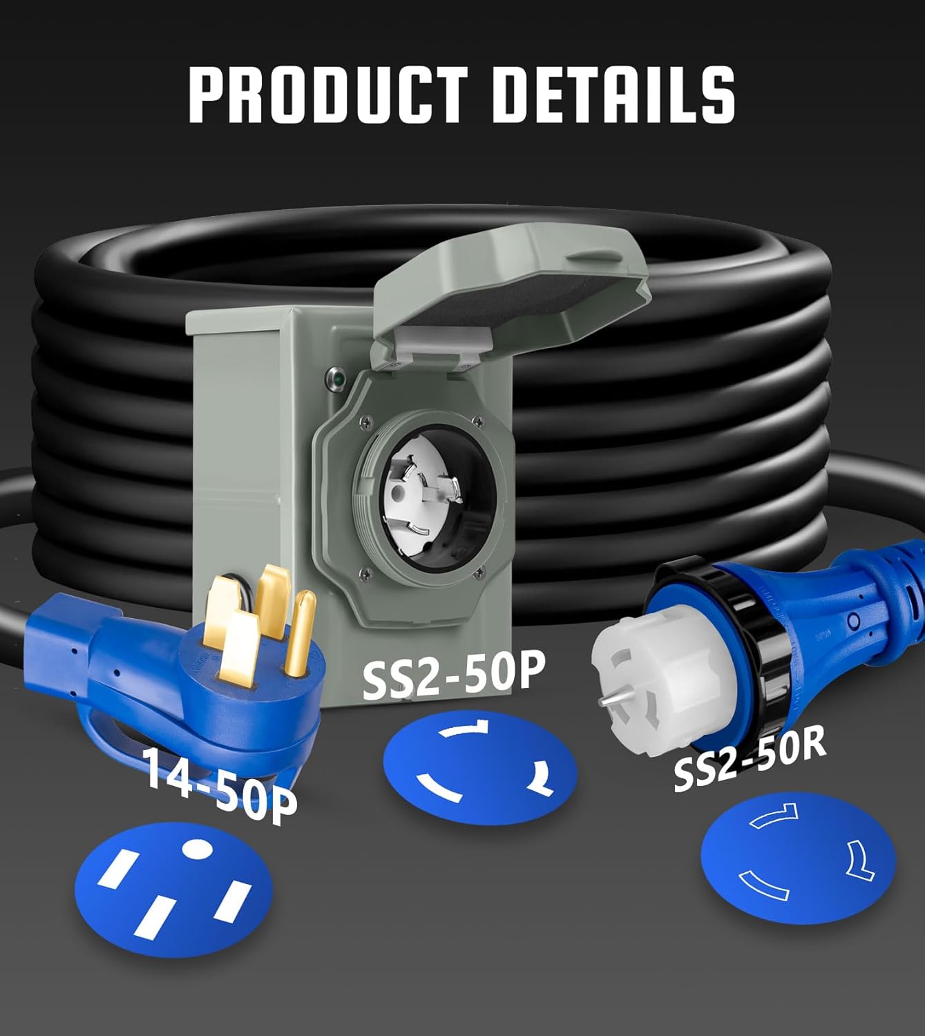 50 Amp Generator Cord and Inlet Box Combo Kit, 15FT NEMA 14-50P to SS2-50R Cord, Pre-Drilled Inlet Box, Waterproof, UL & ETL Listed