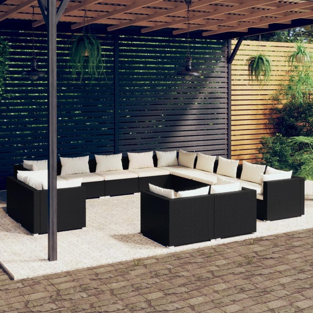 13 Piece Garden Lounge Set with Cushions Black Poly Rattan,Modern 13Piece Outdoor Patio Lounge Set in Black with Cream Cushions for Backyard and Garden Patio Furniture Sets, Outdoor Furniture Sets