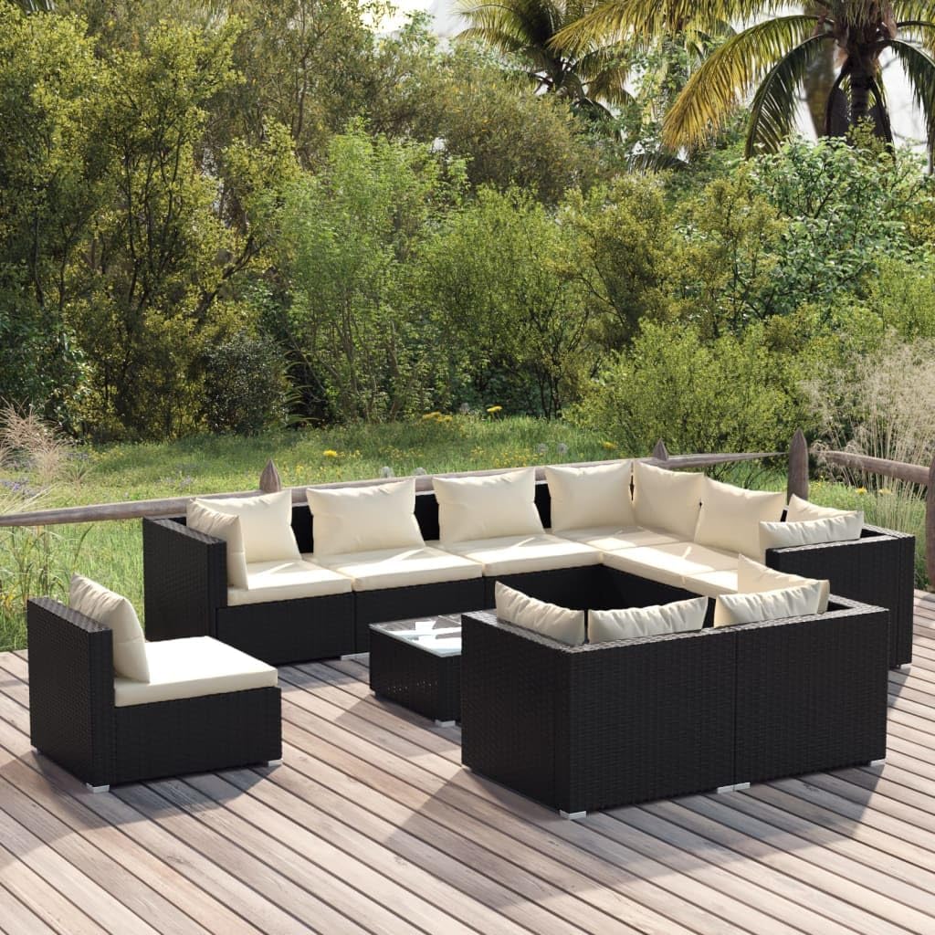 10 Piece Patio Lounge Set with Cushions Poly Rattan Black,Premium Poly Rattan Patio Lounge Set for Ultimate Relaxation and Comfort Patio Furniture, Outdoor Furniture Sets
