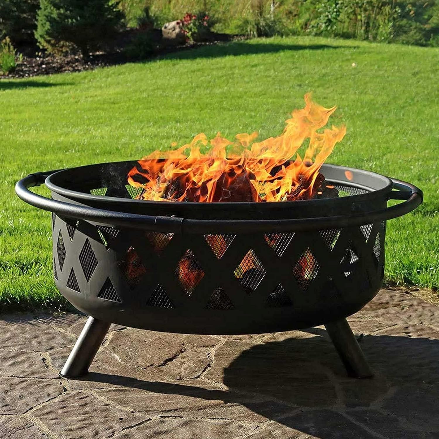 36 Inch Outdoor Fire Pit, Large Portable Wood Burning Firebowl with Cooking BBQ Area, Grill Grate for Garden Beach Camping