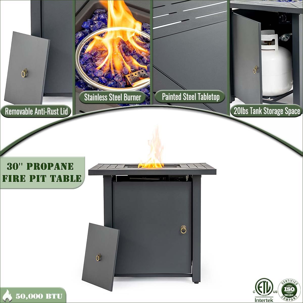 30'' Gas Firepit Table for Outside Patio, 50000 BTU Square Fire Pit Tables with Storage Compartment, Propane Fire Table with Lid for Deck Garden Courtyard, Easy Assembly (Black - 30'')