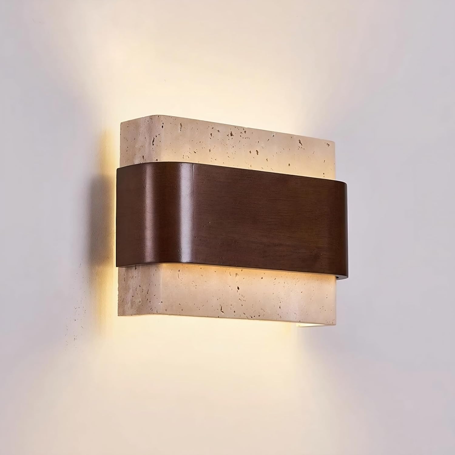 3000K LED Yellow Travertine Wall Sconce,23W Vintage Modern Marble Wall Lighting, Japanese Style Retro Wall Wood Accent Rectangle Natural Stone Wall Lights Suitable for Foyers Entryways Rooms