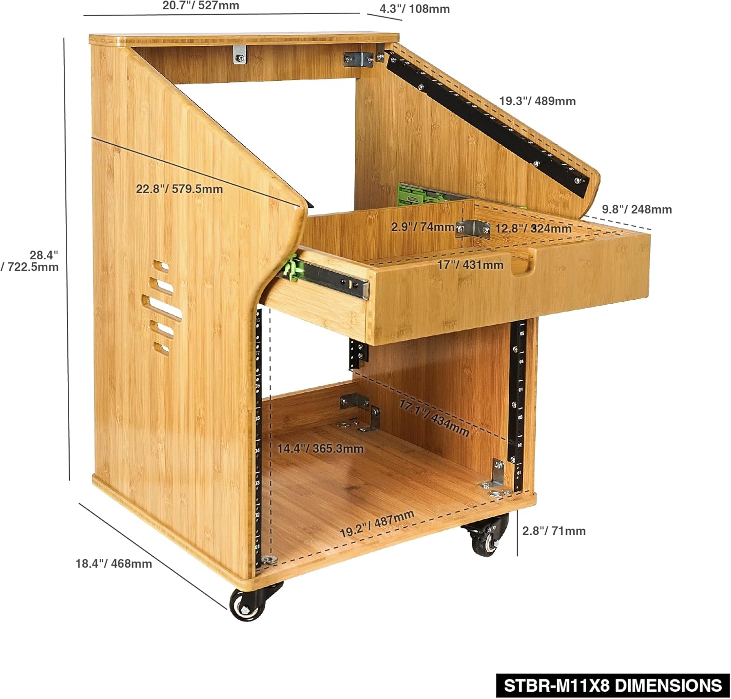 Sound Town DIY Solid Carbonized Bamboo Studio Rack with 11U Slant Mixer Top, 8U Front, 2U Drawer, Rubber Feet, Casters, for Recording Room, PA/DJ Equipment, Home-Audio (STBR-M11X8)