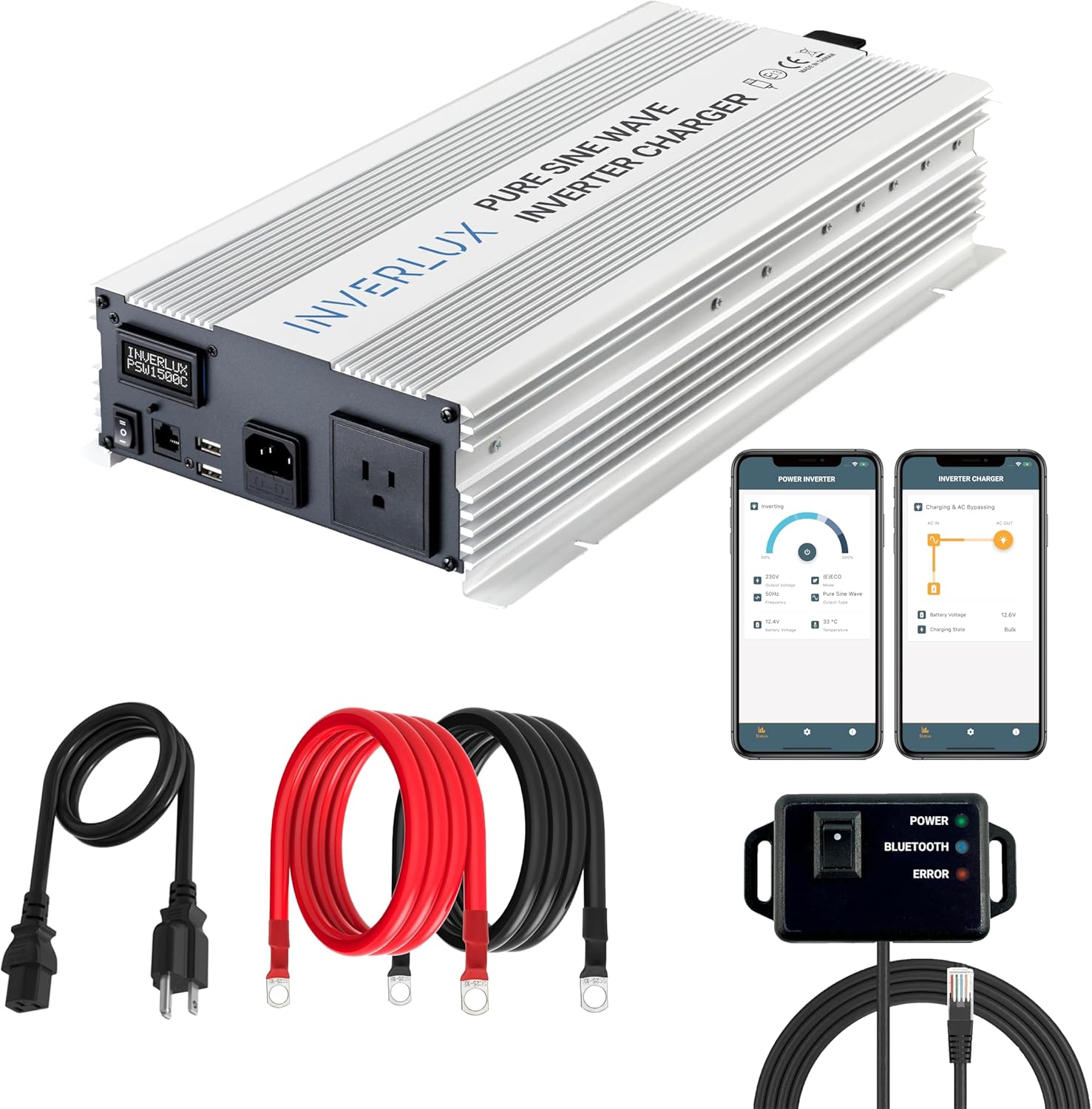 1500W Pure Sine Wave Inverter Charger with App Control, LCD Display, Auto Transfer Switch, Quick Charge 3.0 USB – Battery Backup System for Home, Sump Pump, Solar, and Power Outages