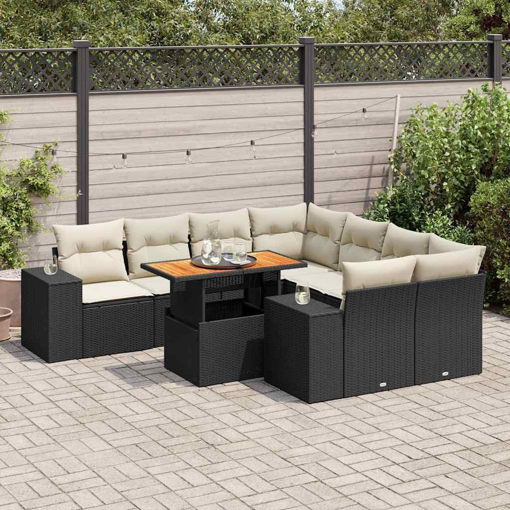 9-Piece Modular Garden Sofa Set, Black PE Rattan Outdoor Patio Furniture with Acacia Wood, Spacious Seating for 9 People, Weather-Resistant Balcony Dining