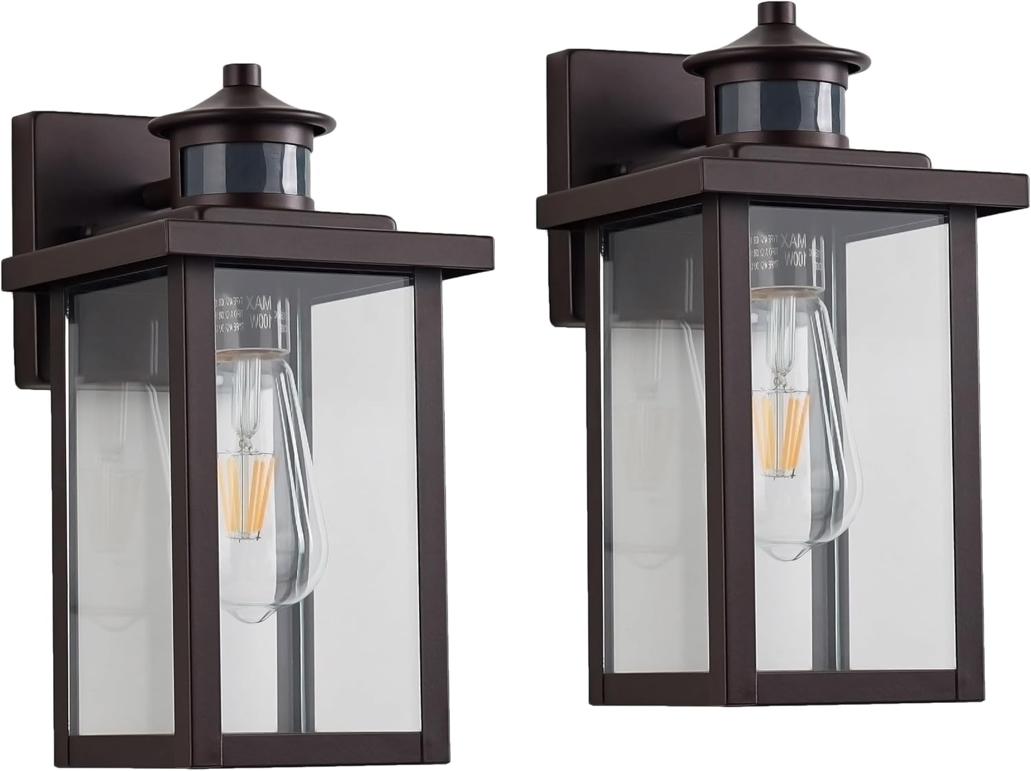 2 Pack Motion Sensor Outdoor Wall Lights, Bronze Exterior Wall Sconce with Clear Water Glass, 11.75