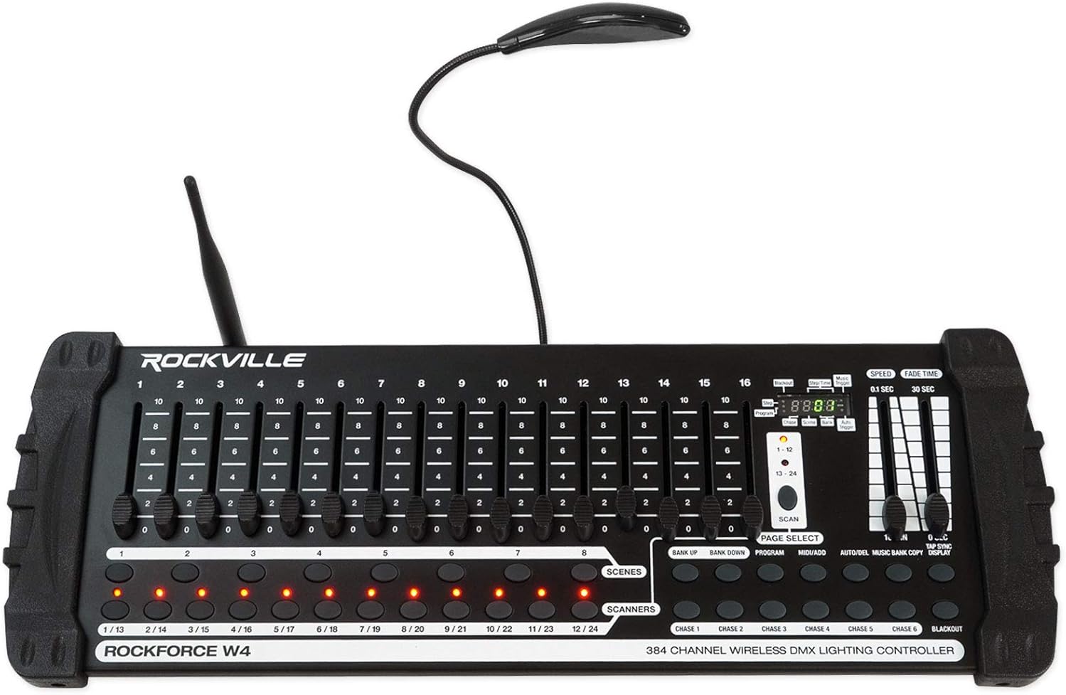 Rockville ROCKFORCE W4 384 Channel Wireless DMX Lighting Controller, MIDI Control, Built-in 2.4GHz Transmitter, Music Triggering, Wide Voltage Input, for DJs and Stage Lighting