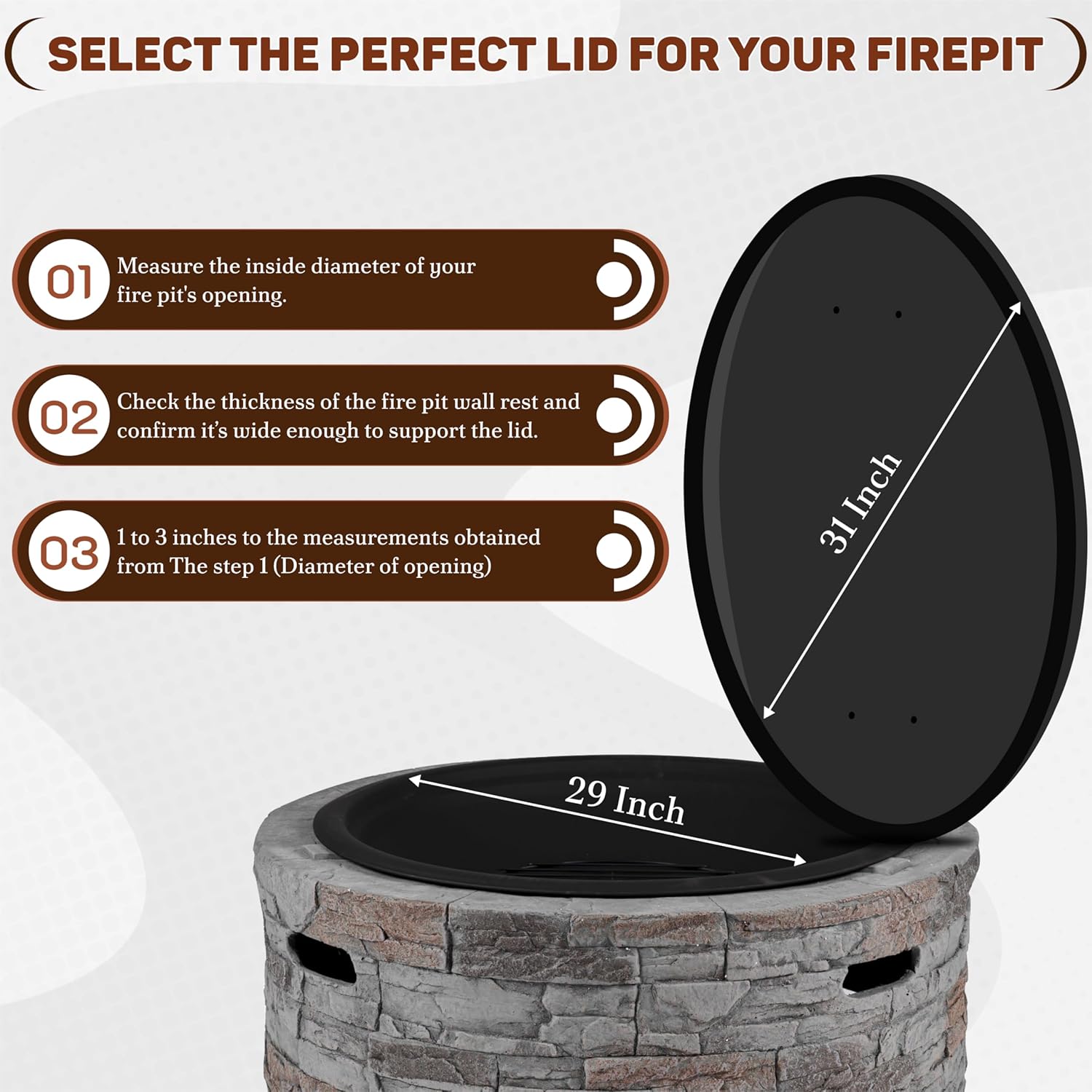 FEBTECH 31 inch Round Fire Pit Cover - 16 Gauge Carbon Steel Fire Pit Lid with Heat Resistant Coating - Perfect for Fire Pit Inside up to 29 Inches - Protect Firepit from Outdoor Eliments
