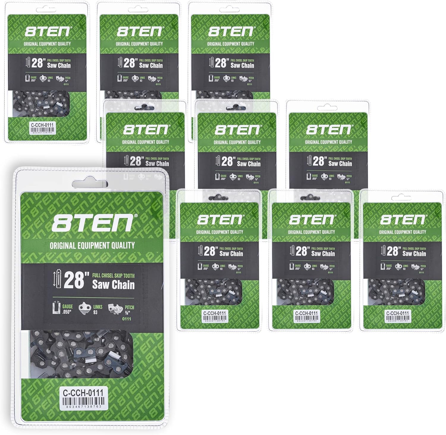 8TEN Full Chisel Skip Tooth Chainsaw Chain 28 Inch .050 3/8 93DL For Echo CS-600P Husqvarna 372XP Jonsered (10 Pack)