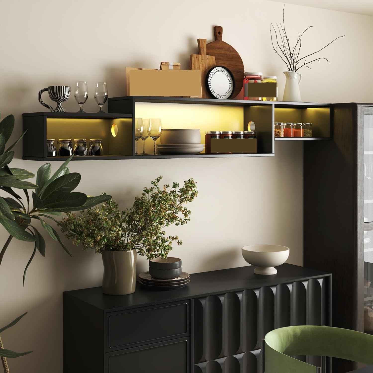 5.35in Wall Mounted Floating TV Stand with 20 Color LEDs and Charging Station TV Stand for Living Room Decor, Office,Easy Assembly