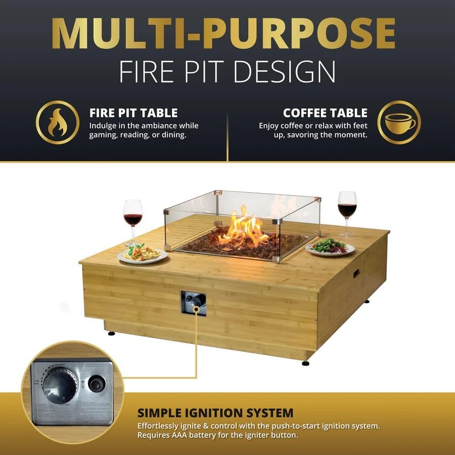 43-Inch Outdoor Propane Square Fire Pit Table, Super Stable Wood Frame 50,000 BTU CSA Certified Smokeless Firepit Table, Includes Side Table Weatherproof Cover Lava Rock for Families, Deck, Backyard