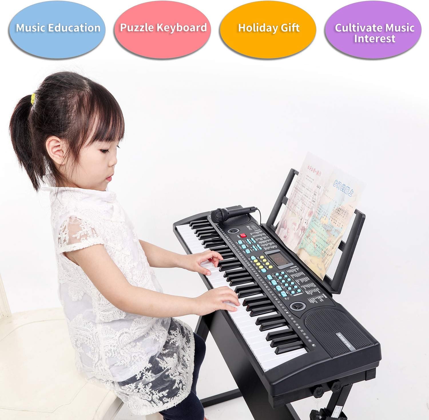 Hricane Piano Keyboard, 61 Keys Beginner Electronic Keyboard Portable Digital Music Keyboard, Early Education Music Instrument with Microphone & Music Sheet Stand