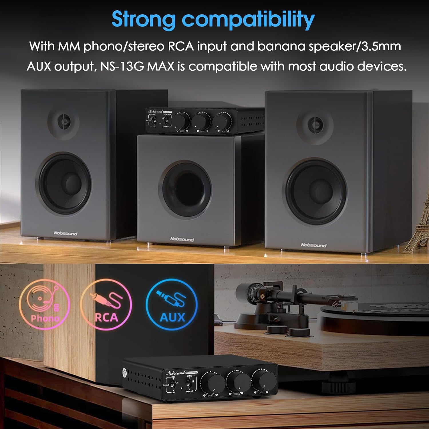 Nobsound 300Wx2 Stereo Amplifier with Phono Input - HiFi Class D Mini Power Amp for Home Theater, Turntables, Studio Monitor | TPA3255 Chip, RCA/MM Inputs, Bass/Treble Control (NS-13G MAX DC 48V)