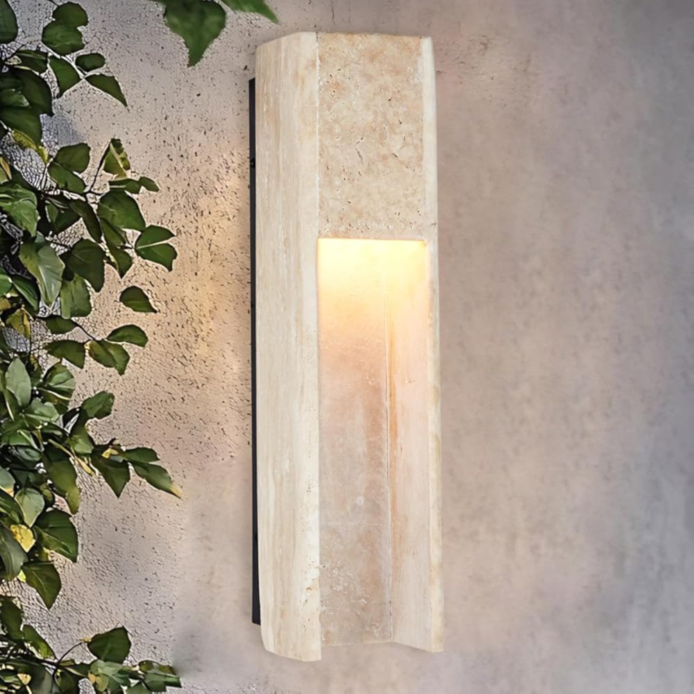 Modern Travertine Indoor/Outdoor Sconce, Elegant Sturdy Stone Wall Lamp, Industrial Rectangular Wall Mounted Light, Rustic Lighting Fixture for Courtyard, Living Room, Doorway, Entryway