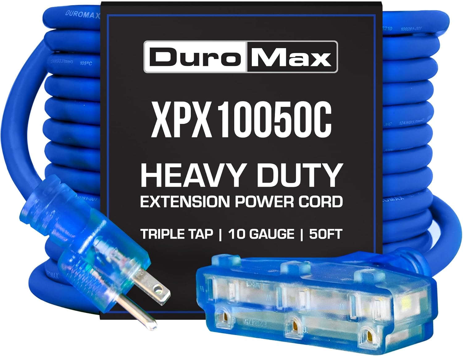 DuroMax XPX10050C Heavy Duty SJEOOW 50-Foot 10 Gauge Blue Triple Tap Lighted Extension Power Cord