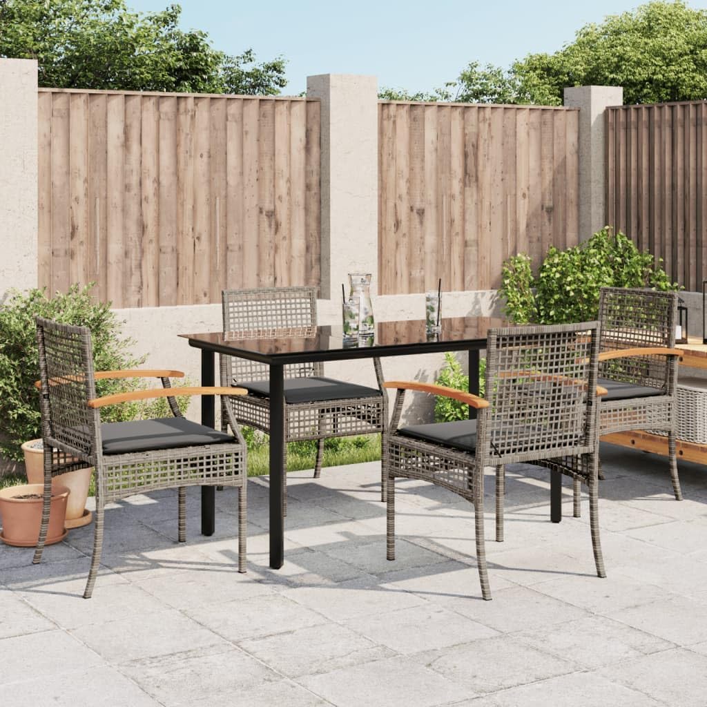 5 Piece Patio Dining Set with Cushions Gray Poly Rattan,Outdoor Rattan Garden Dining Set with Cushioned Chairs and Tempered Glass Table Furniture Sets for Patio, Lawn & Garden