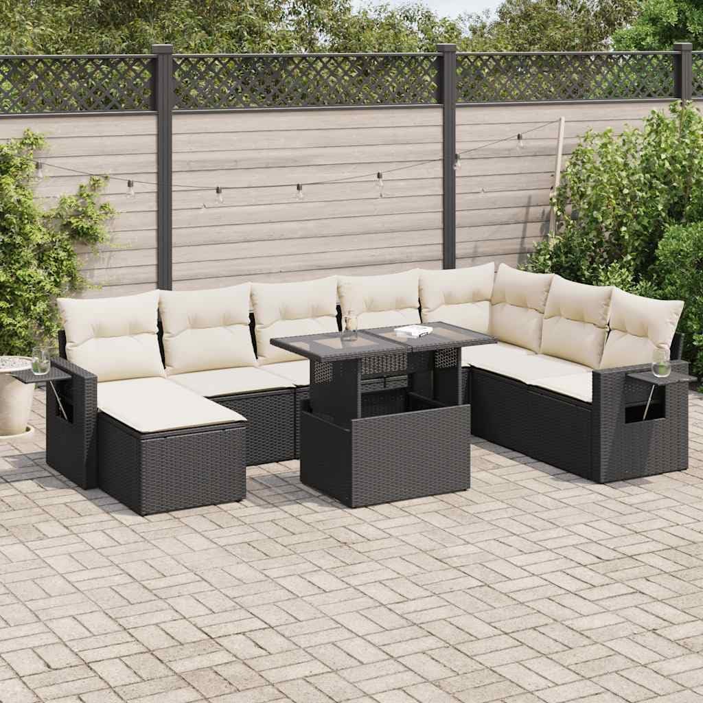 Garden Sofa Set Black PE Rattan, Large Adjustable Armrests, 9-Piece Outdoor Patio Furniture, Modular Design for Terrace, Balcony
