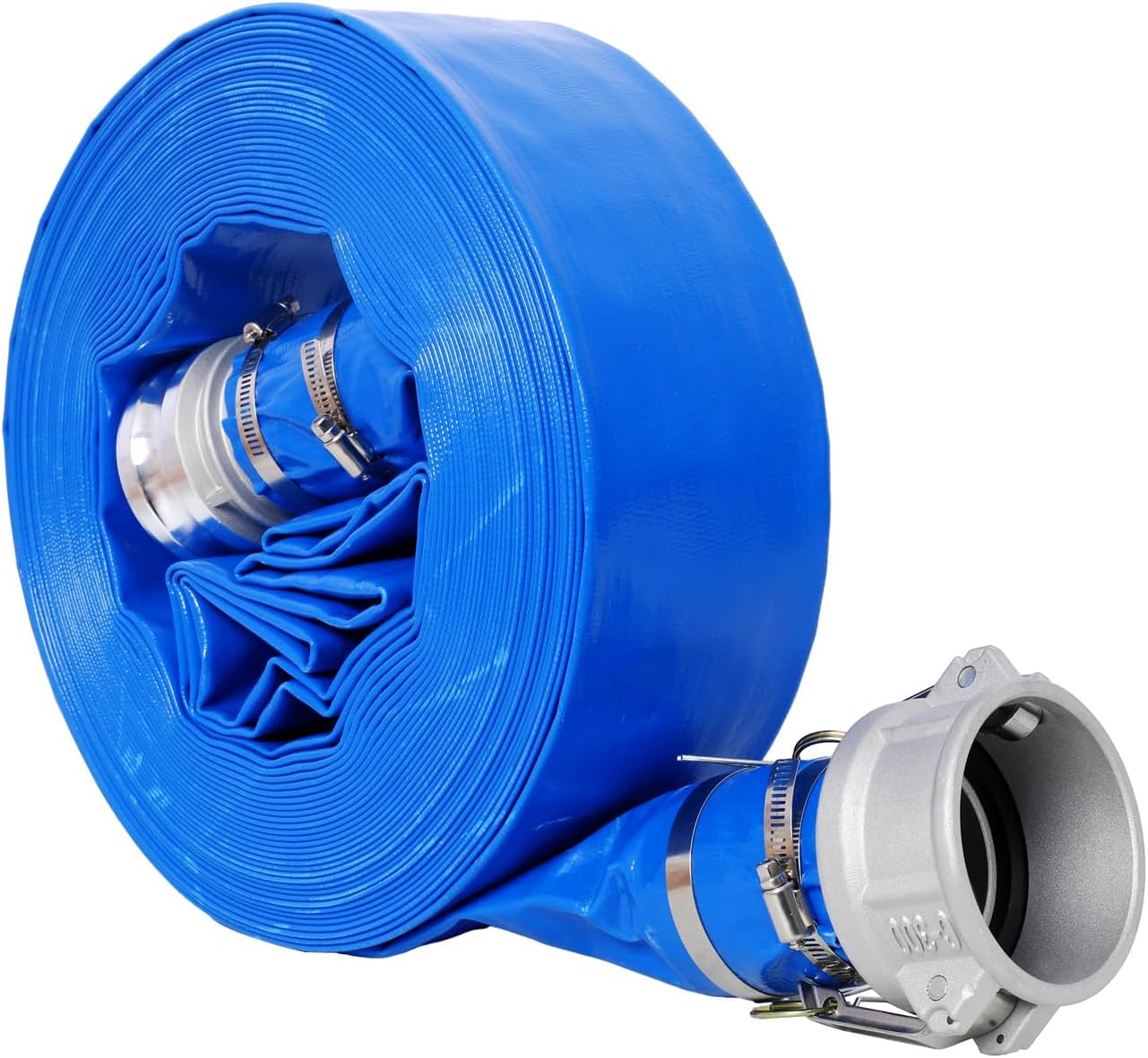 Pool Backwash Hose, Heavy Duty Reinforced Blue PVC Lay Flat Water Discharge Pump Hoses For Swimming Drain Pools and Clean Filters, with Aluminum Camlock C and E Fittings (4