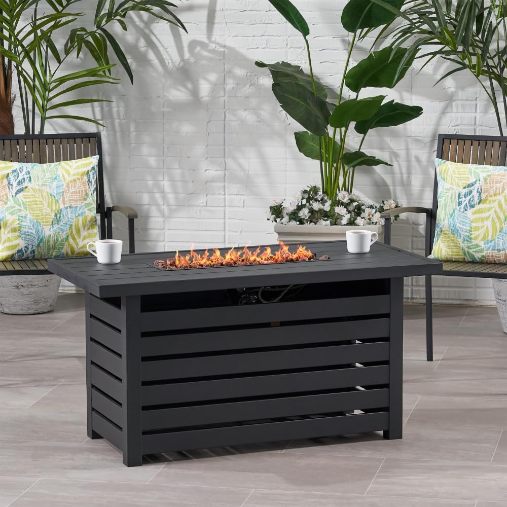 45×42×24 in Black Rectangular Outdoor Iron Fire Pit Table with Built-in Propane Tank Compartment, Patio & Backyard Heating Table for Cozy Nights
