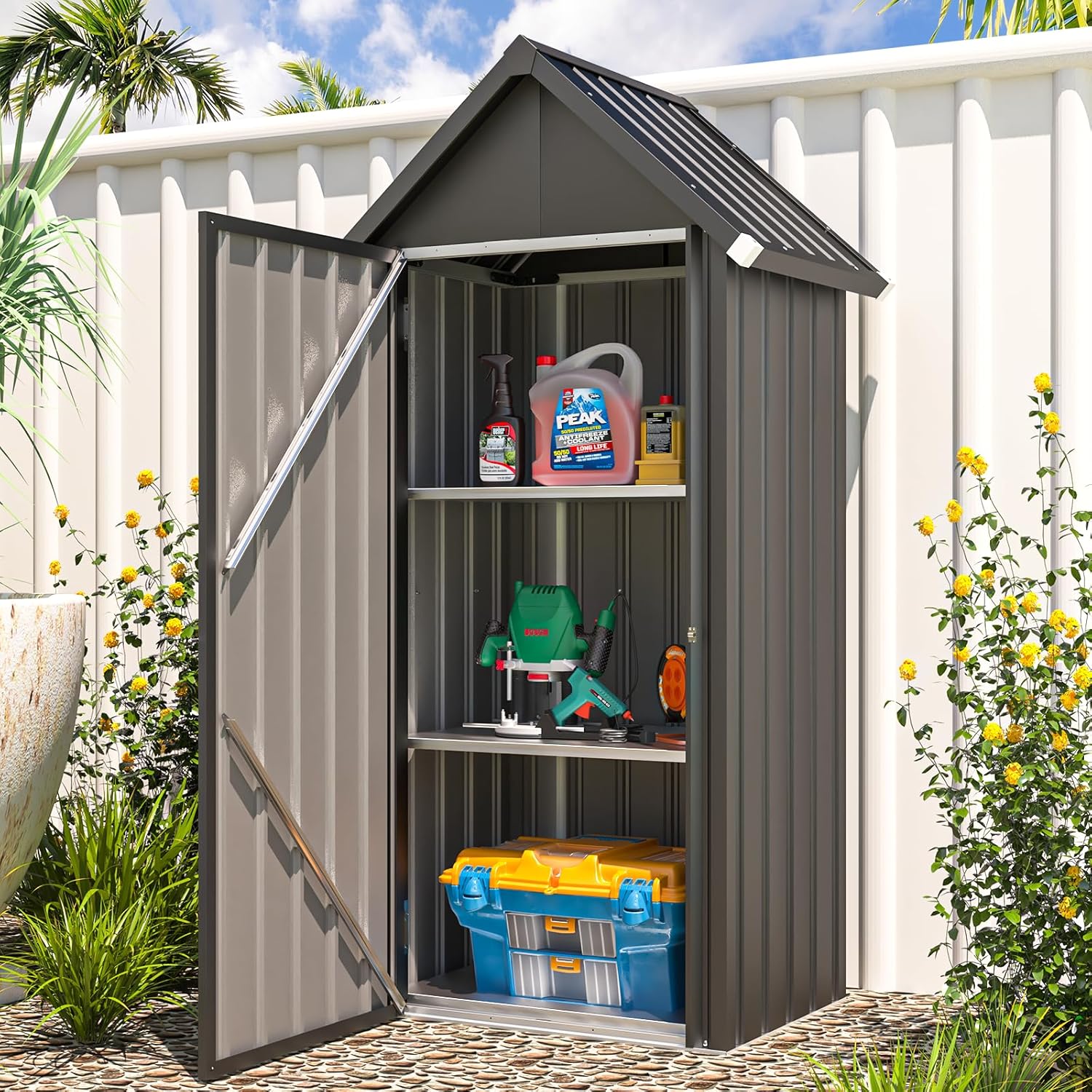 AECOJOY Outdoor Storage Cabinet Waterproof, Vertical Tall Outdoor Storage Cabinet with Shelves, All Weather Metal Vertical Storage Shed & Outdoor Cabient for Garden in Dark Grey