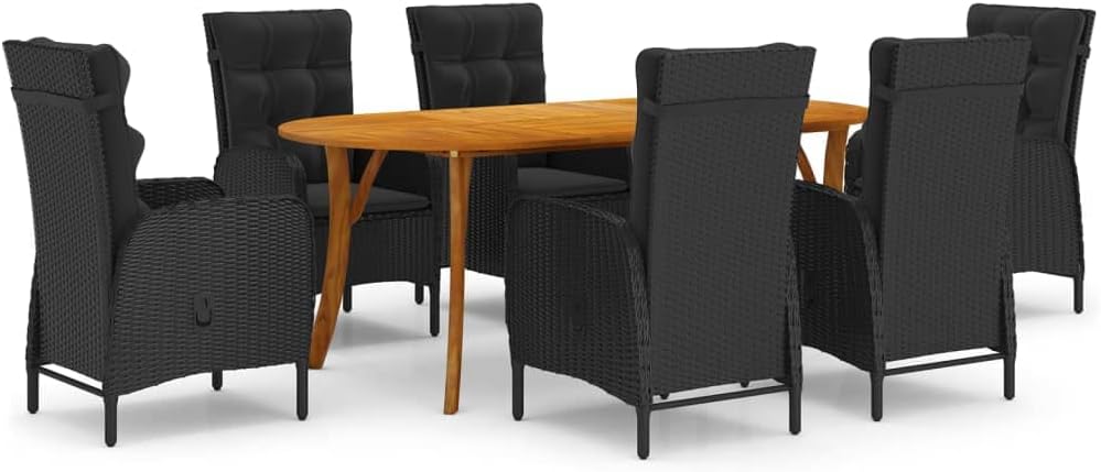 7 Piece Patio Dining Set Black,Sturdy and Stylish Patio Dining Set with Acacia Wood Table and Rattan Chairs Furniture Sets for Patio, Lawn & Garden