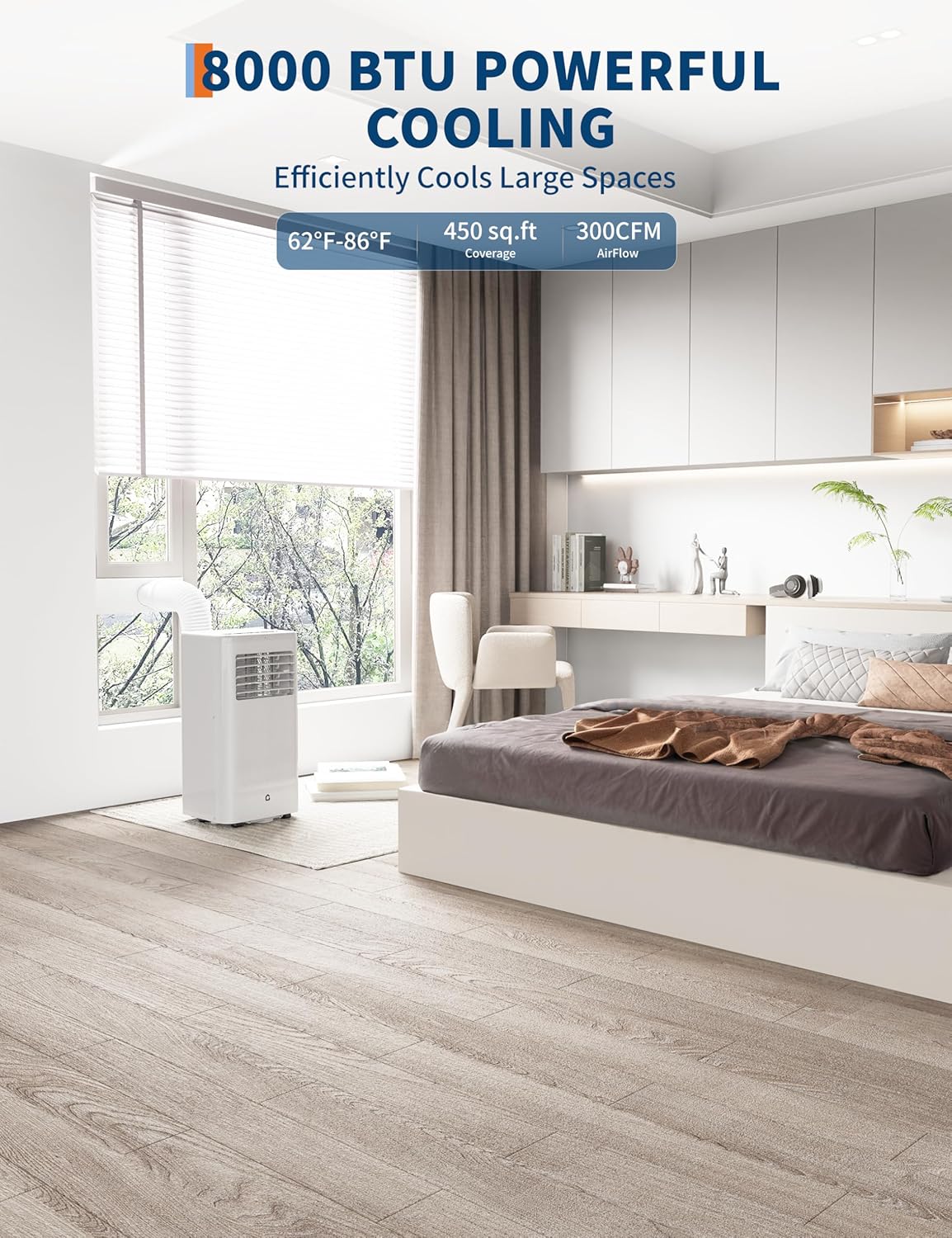 8000 BTU Portable Air Conditioners, 4-In-1 Portable AC Unit with Remote Control, Cool, Fan, Dehumidifier, 24H Timer for Bedroom Home Office Up to 350 Sq. Ft, Black&Grey Cover