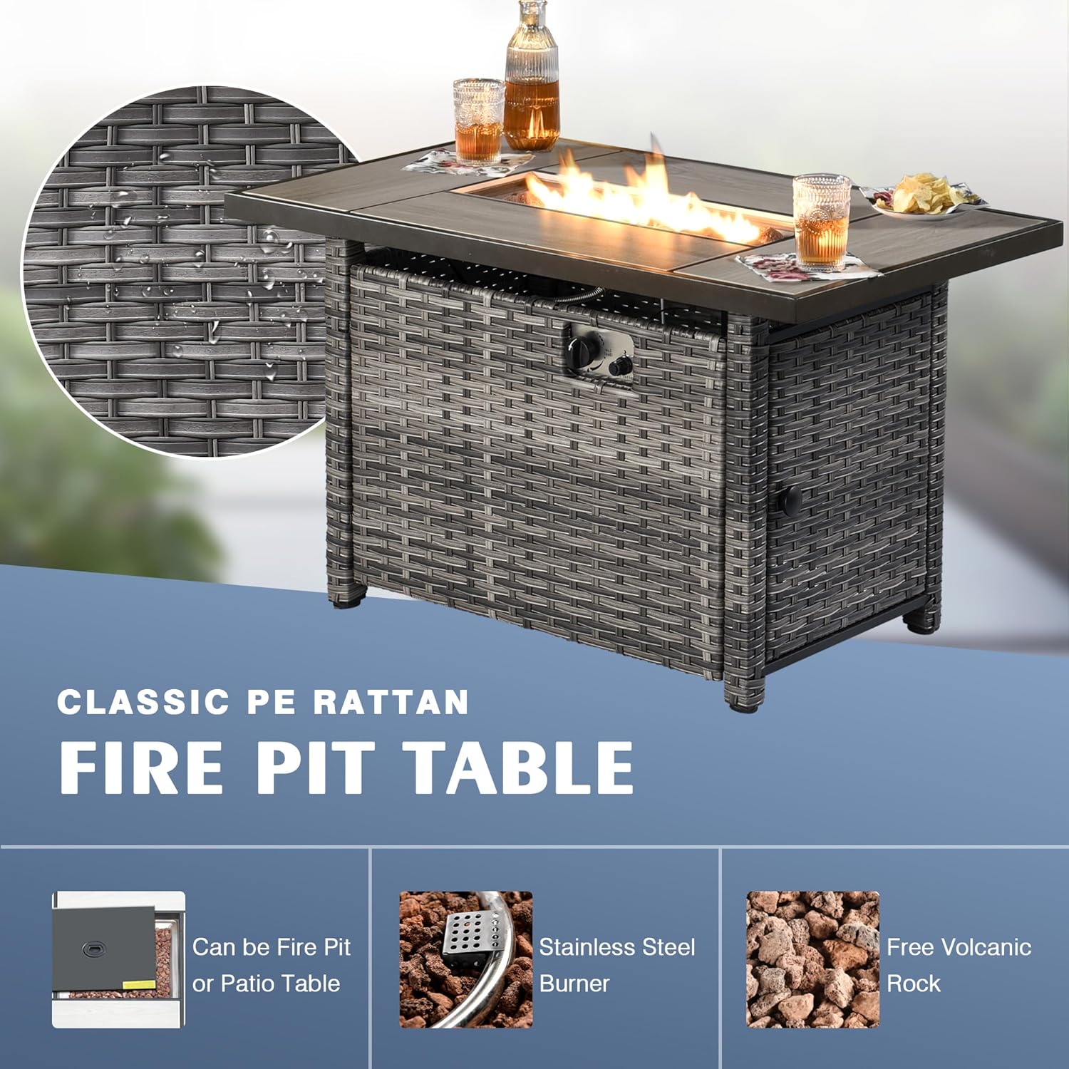 HOOOWOOO Patio Outdoor Furniture with Fire Pit Table,High Back 6 Piece Wicker Patio Conversation Set with Swivel Chairs,7 Person Couch Sofa Seating,Denim Blue