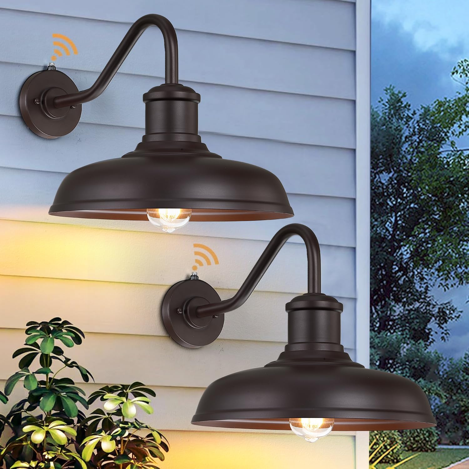 13.8'' Large Dusk to Dawn Outdoor Gooseneck Barn Light, 2-Pack Outdoor Wall Sconce Farmhouse Exterior Light Wall Lighting Fixture Industrial Lantern for Porch, Entryway, Garage, Brown