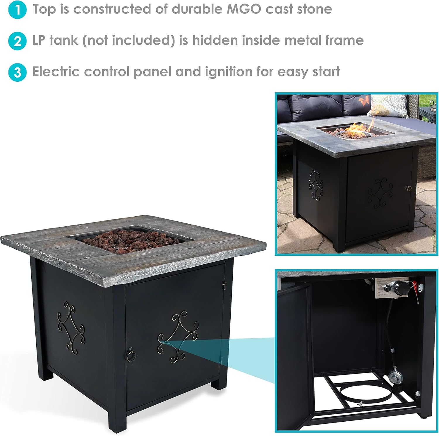 Sunnydaze 30-Inch Square Propane Fire Pit Table - 40,000 BTU Outdoor Gas Fire Pit Table with Lava Rocks and Weather-Resistant Cover