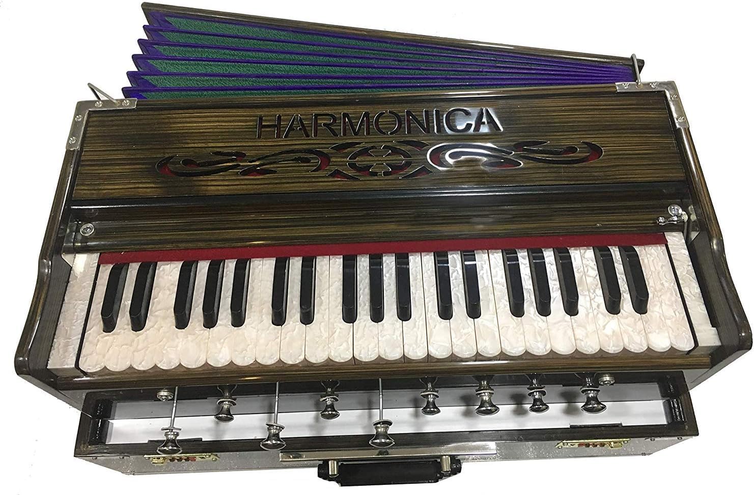 Indian Music Instrument 9 Stoppers Portable Harmonium with Chudidaar Bellow 42 Button 2 Reed Bass Male Reverse Backward Coupler Made Wood