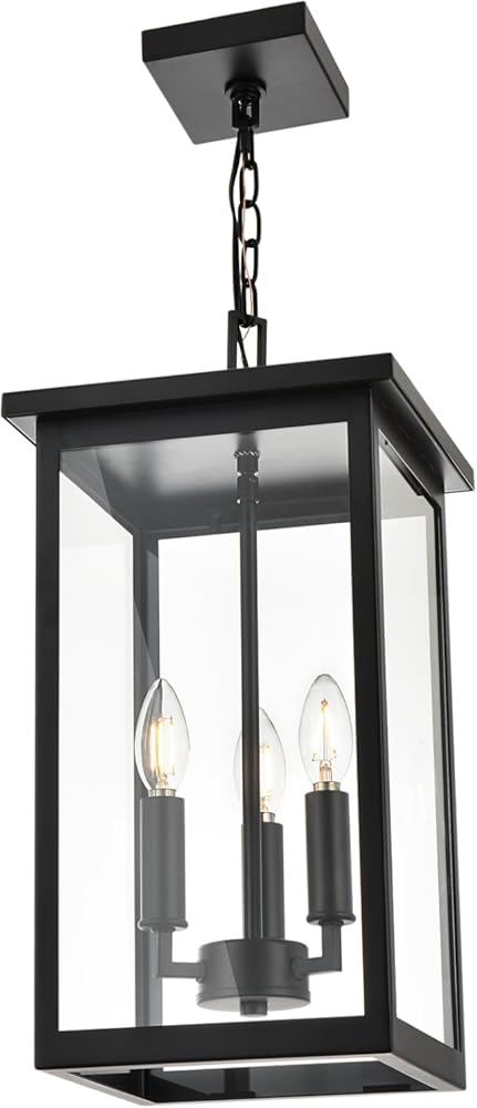 Black Outdoor Pendant Lanern, E12 Candle Chandelier 3-Lights Large Exterior Hanging Light Fixture with Clear Glass Height Adjustable for Indoor Entryway Porch