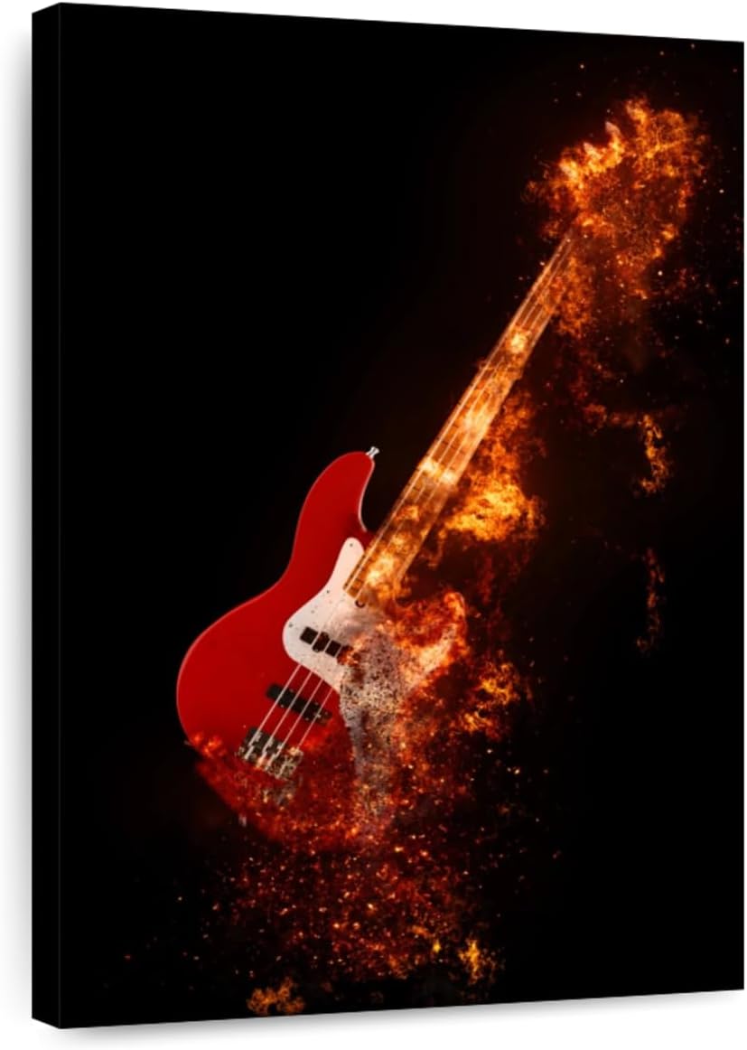 ElephantStock - Flaming Bass Guitar Wall Art - Vertical Canvas Wall Art - Living Room Wall Decor - Digital Art Music Canvas Art - Black And Orange Decor - 34