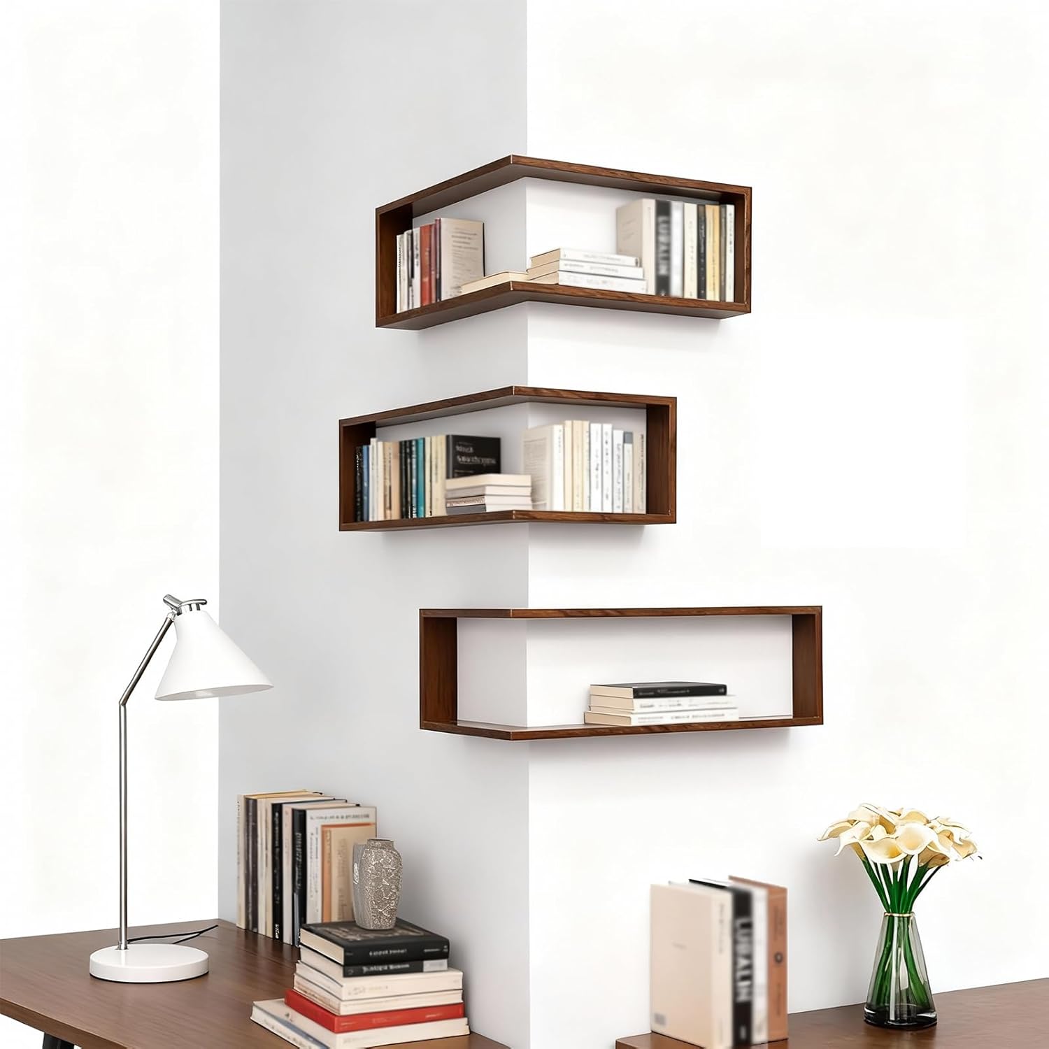 Amacthysh Corner Shelves L-Shaped Wall-Mounted Corner Shelf Display Rack Wood Color Corner Floating Storage Shelves for Books Decor Plants,3pcs