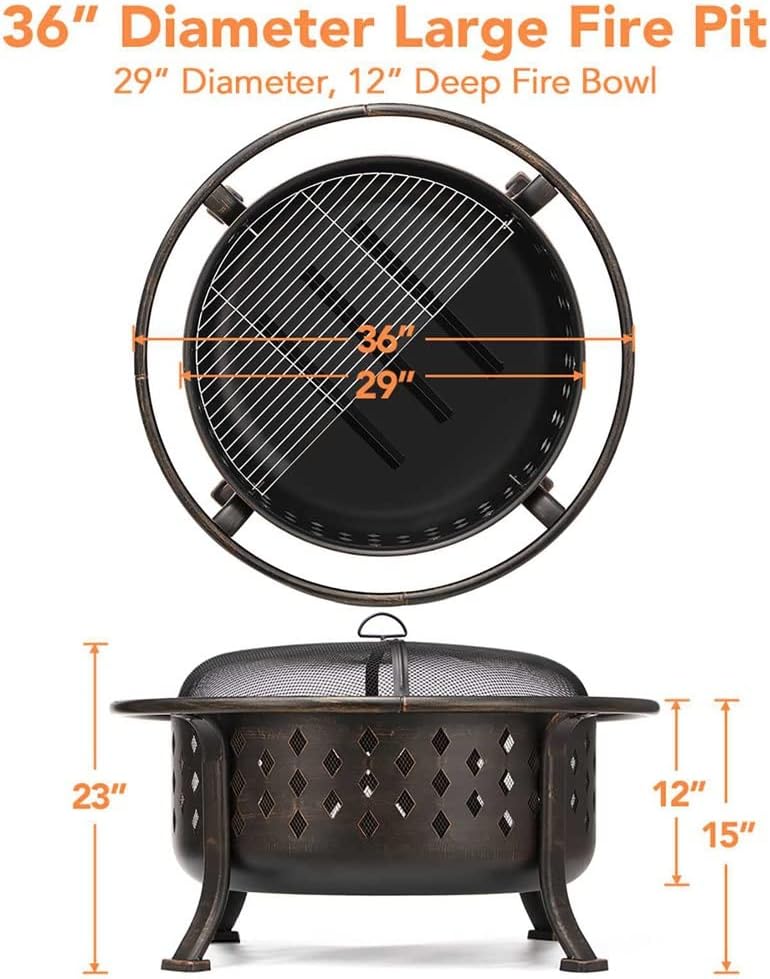 Grills 36 Inch Fire Pit Outdoor Wood Burning Fire Pits Heating Large Steel BBQ Grill Firepit Bowl for Winter with Cooking Grate