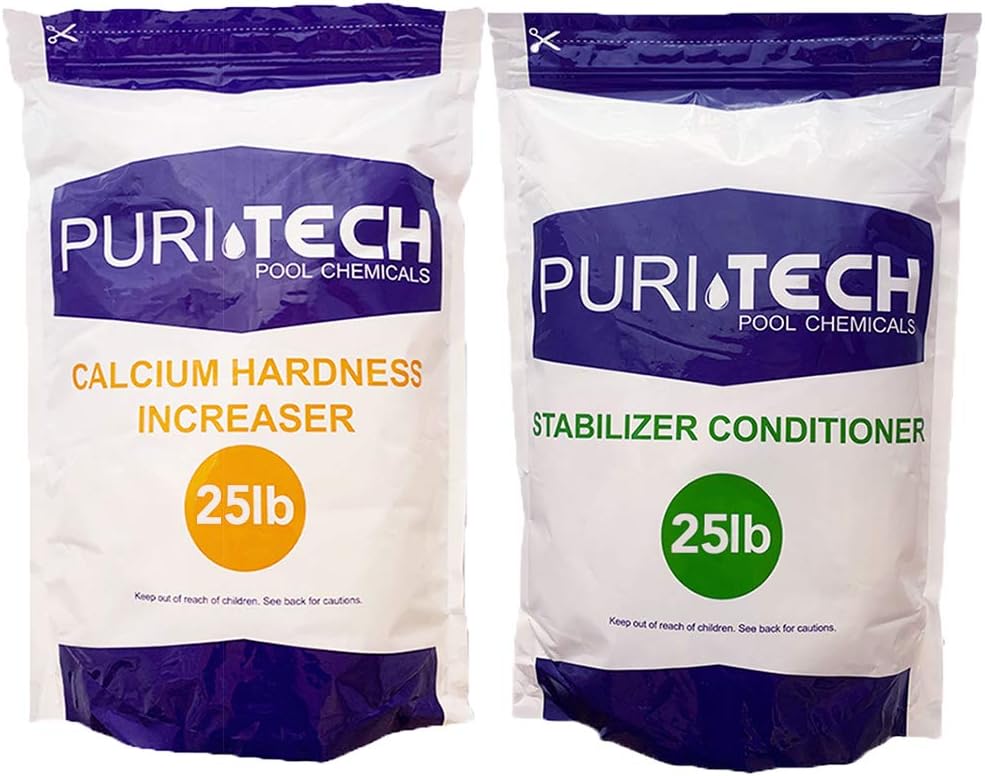 Puri Tech Chemicals 25 lb Calcium Hardness Increaser & 25 lb Stabilizer Conditioner Kit for Swimming Pools & Spas Balance Chemical Levels Keep Surfaces & Water Clean