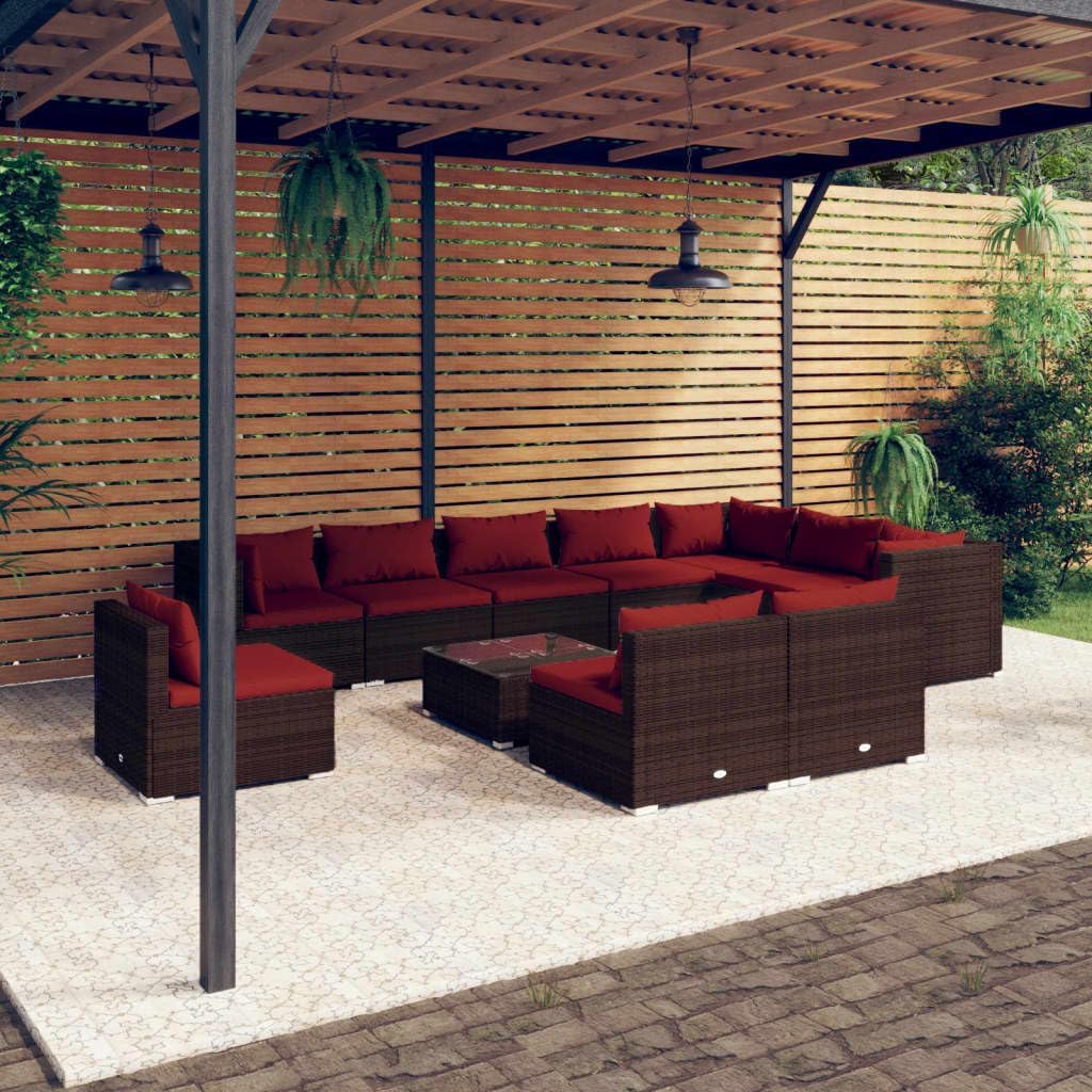 11 Piece Patio Lounge Set with Cushions Poly Rattan Brown,Relaxing Retreat: Durable Poly Rattan Patio Lounge Set with Cozy Cushions Furniture Sets for Patio, Lawn & Garden