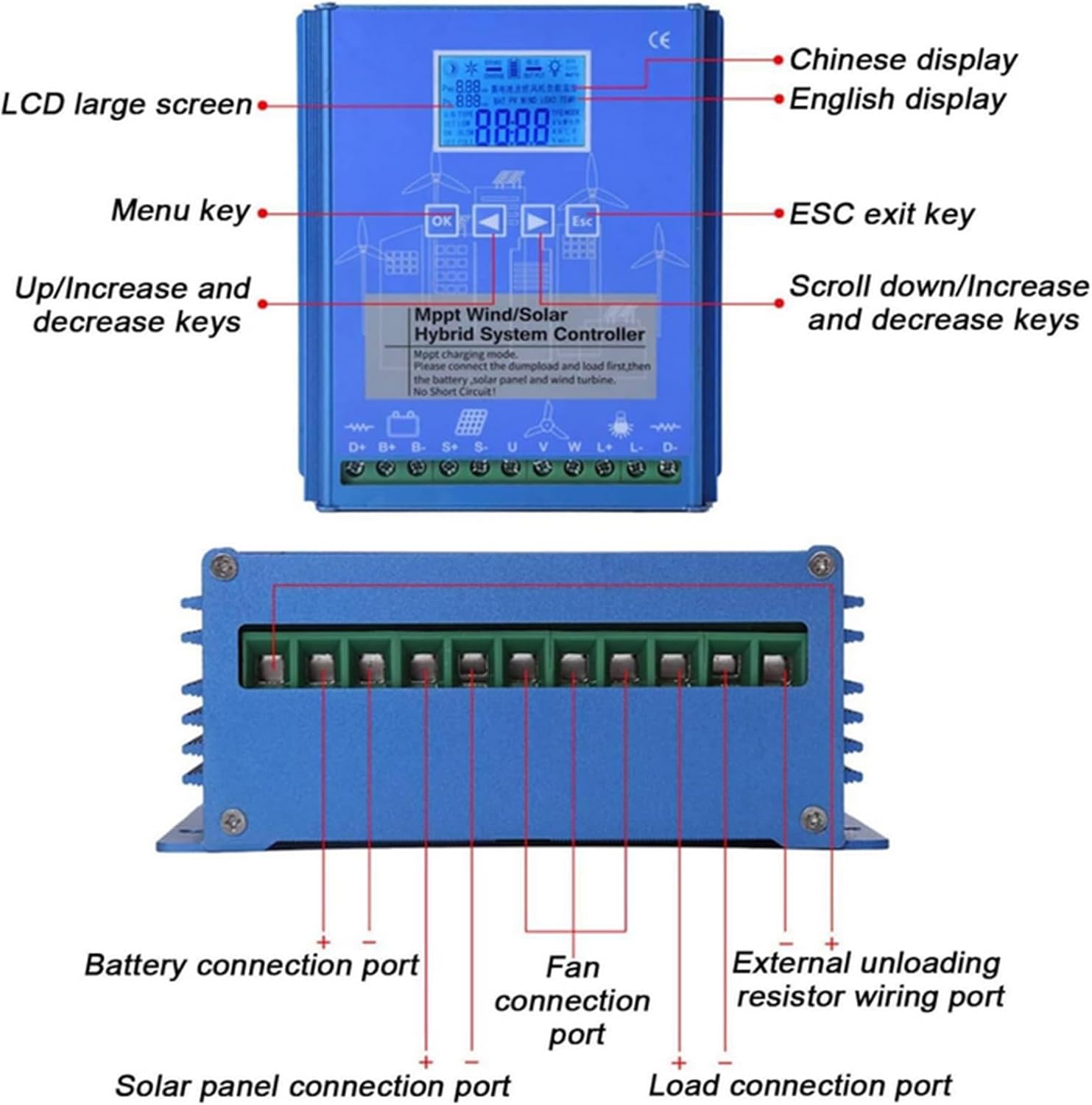 Wind Solar Hybrid MPPT Charge Controller 10000W-12000W, with LCD Display 12V/24V/48V Auto MPPT Wind Solar Hybrid Charge Controller(Blue),48V