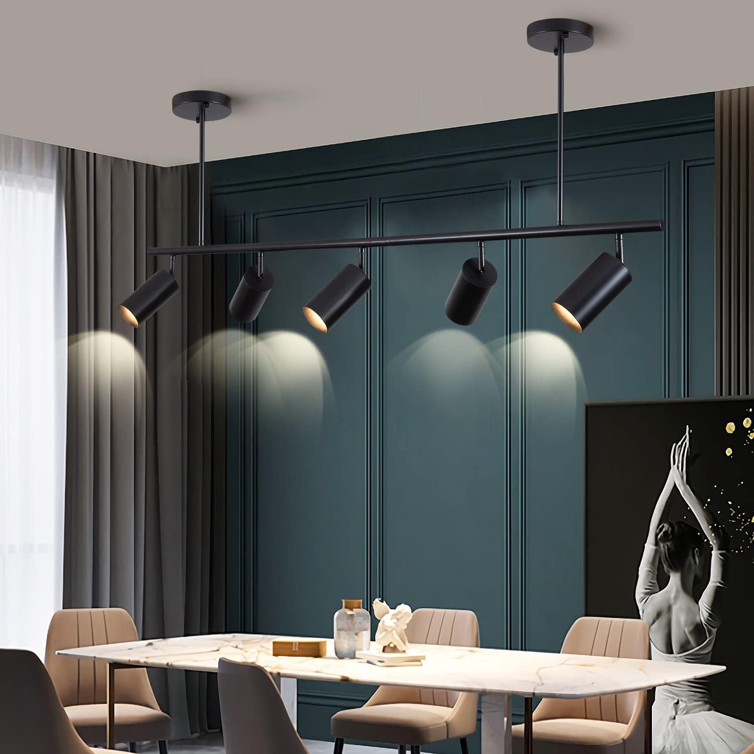 5-Light LED Track Lighting Kit Black Track Light Flexibly Rotatable Light Head Modern Spot Lighting for Kitchen Living Room Dining Room Bedroom Closet Bar