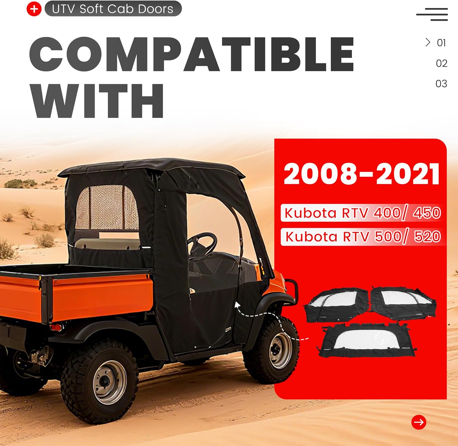 UTV Soft Cab Enclosure Doors with Rear Window Compatible with 2008-2021 Kubota RTV 400/450/500/520 Models Black Soft Door Clear Window Accessories