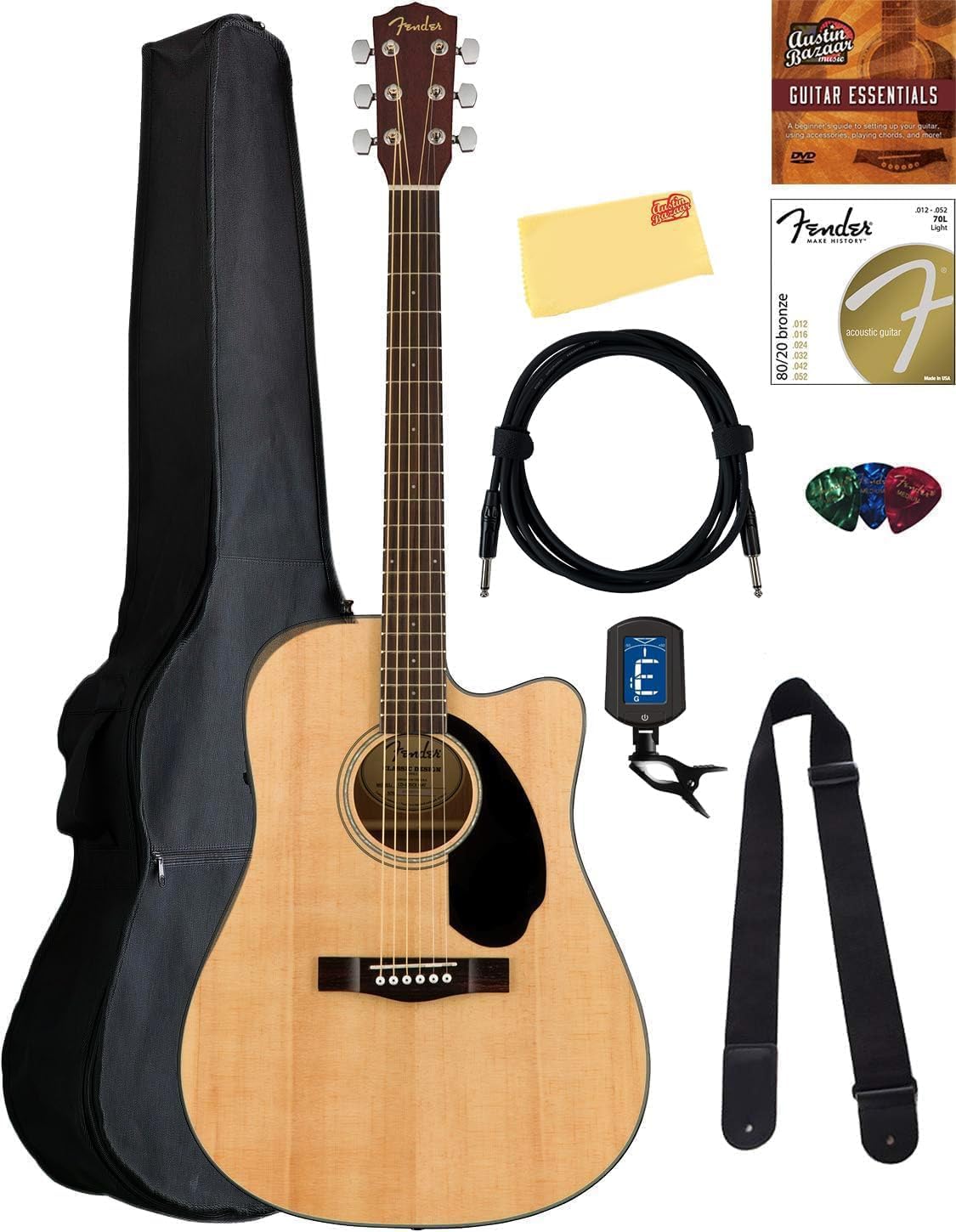 Fender CD-60SCE Solid Top Dreadnought Acoustic-Electric Guitar - Natural Bundle with Gig Bag, Instrument Cable, Tuner, Strap, Strings, Picks, Polishing Cloth and Austin Bazaar Instructional DVD