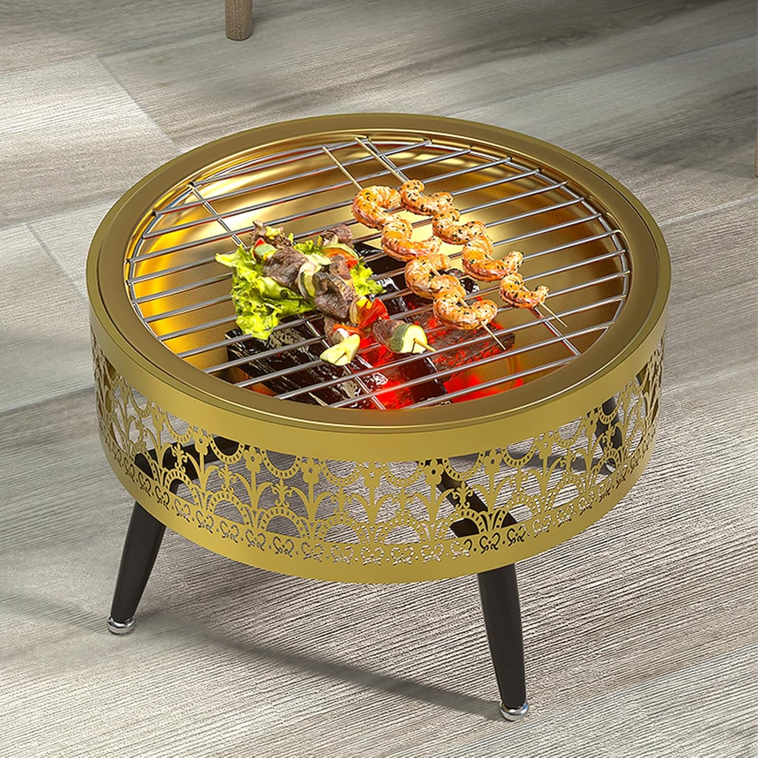 LXLZYXSF Gold Porch Patio Fire Pit, Modern Round Living Room Wood Burning Fire Basin Bowl, Camping, BBQ, Travel, Bonfire Party, Picnic (Color : B, Size : 52.5cm/20.6inch Wide)