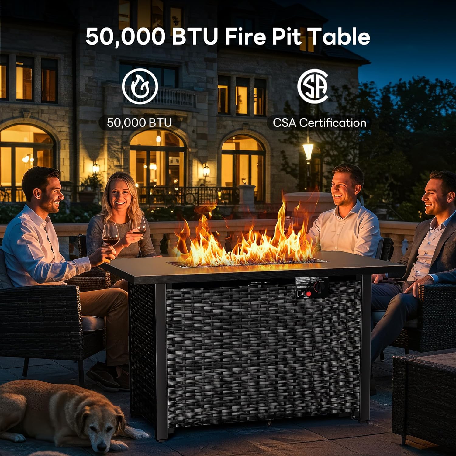 43” Outdoor Propane Fire Pit Table, 50,000 BTU Square Rattan Gas Fire Pit with Lid & Blue Crystal Stones, Steel Tabletop, Adjustable Flame, 4-in-1 FirePit Table for Patio, Backyard, Outdoor Gatherings
