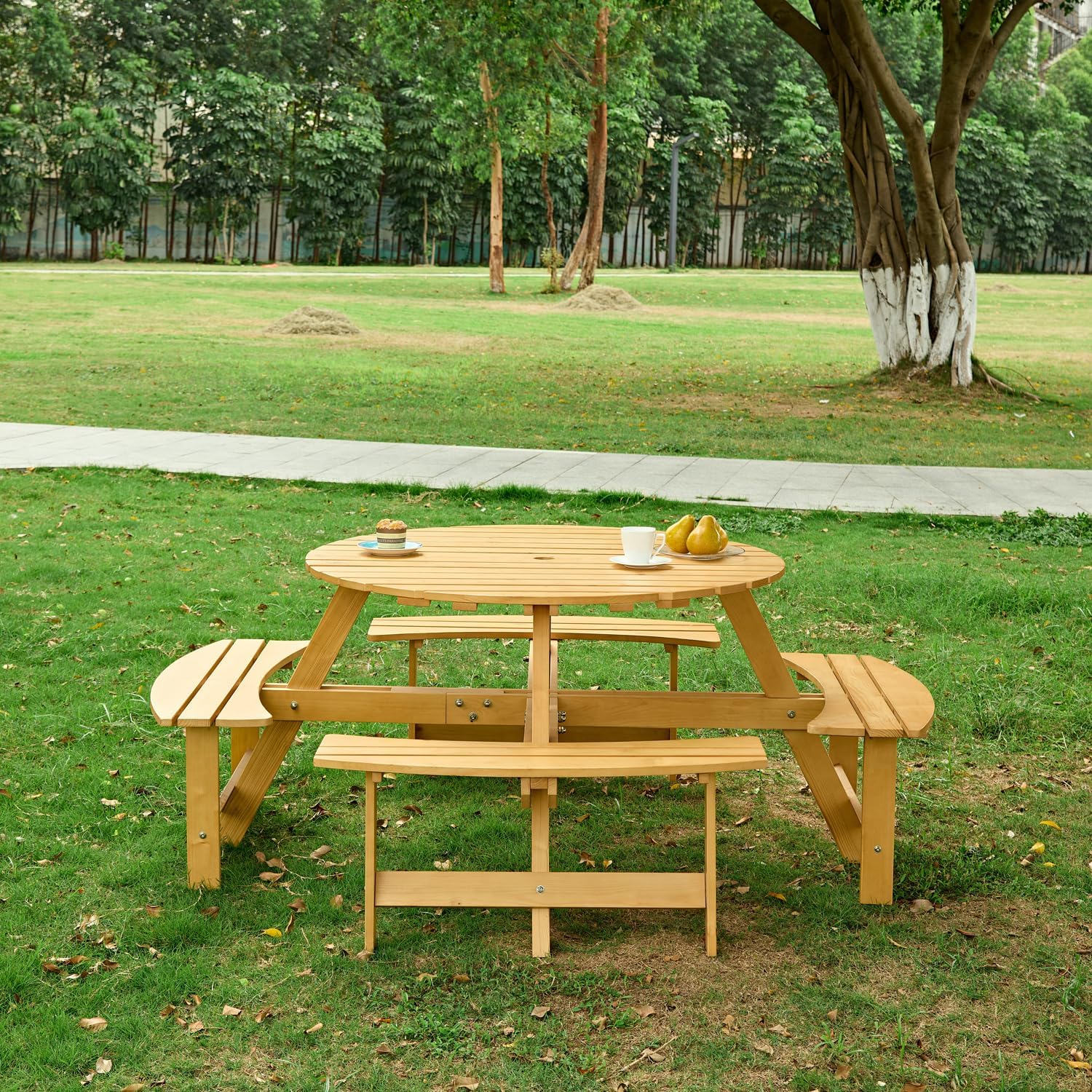 8 Person Picnic Table, Wood Outdoor Round Table and Bench Set with 4 Built-in Benches & Umbrella Hole for Garden, Backyard, Porch & Patio, 500lbs Capacity Per Bench (Natural)
