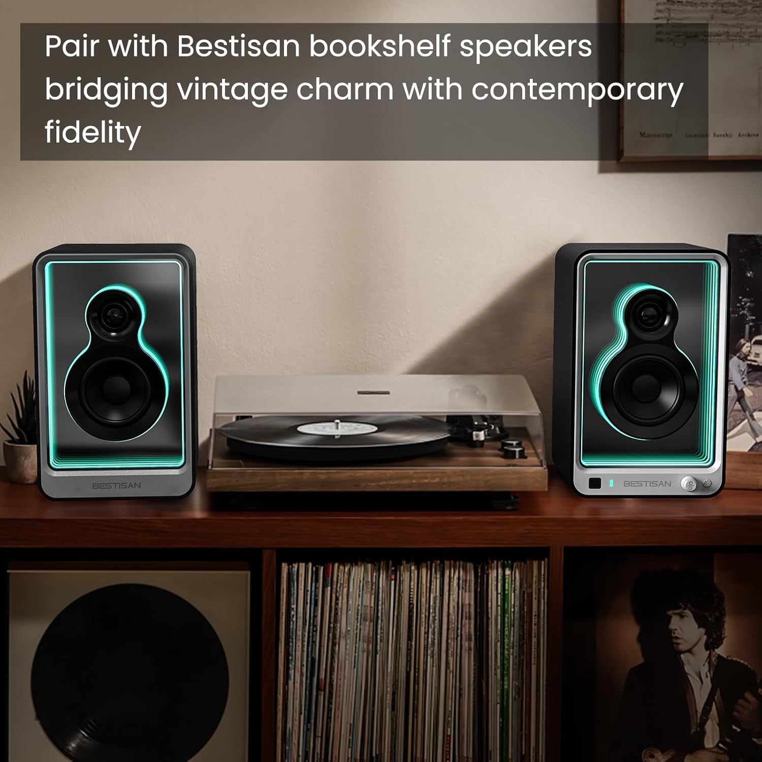 BESTISAN SR15 Bluetooth Bookshelf Speakers, Active Stereo Speakers for TV/Record Player with Subwoofer Out and Light Effects, Turntable Speakers with Optical/ARC/RCA Inputs for PC and TVs